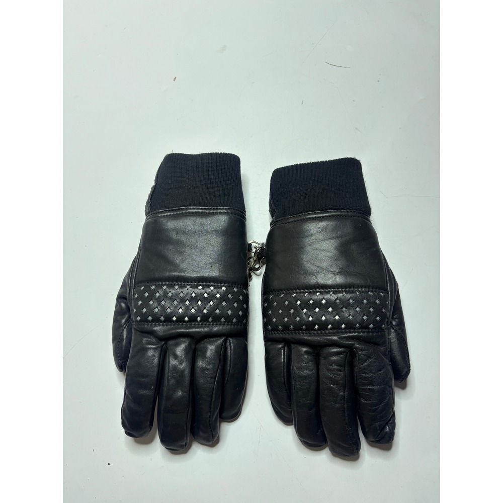 Grandoe Black Leather Winter Gloves Womens Medium Perforated Quilted Ribbed Cuff
